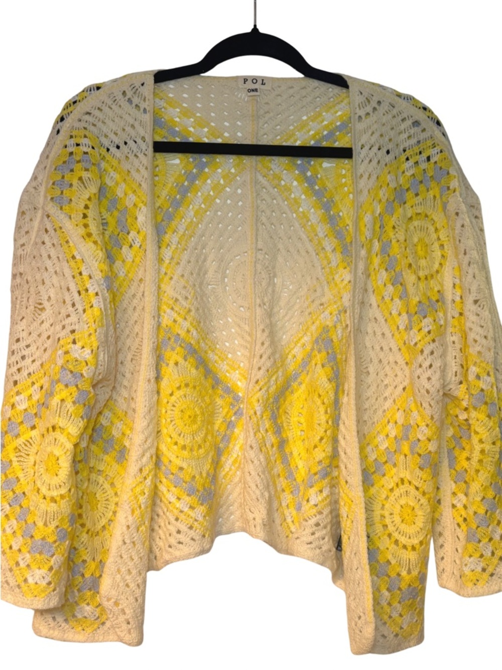 POL open-front crochet cardigan in cream and yellow